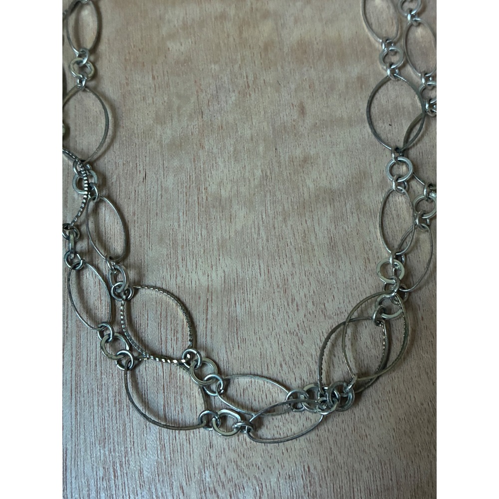Long Silver Tone Open Link Necklace Convertible Double Strand Textured Oval - Picture 2 of 5